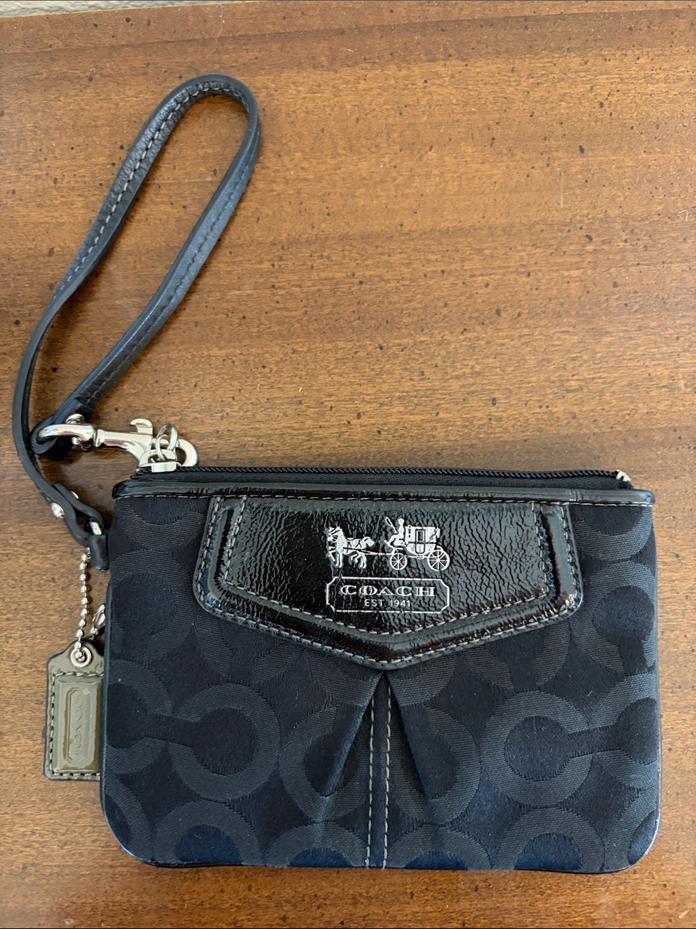 Coach Black Signature C Monogram Wristlet with Patent Leather Trim